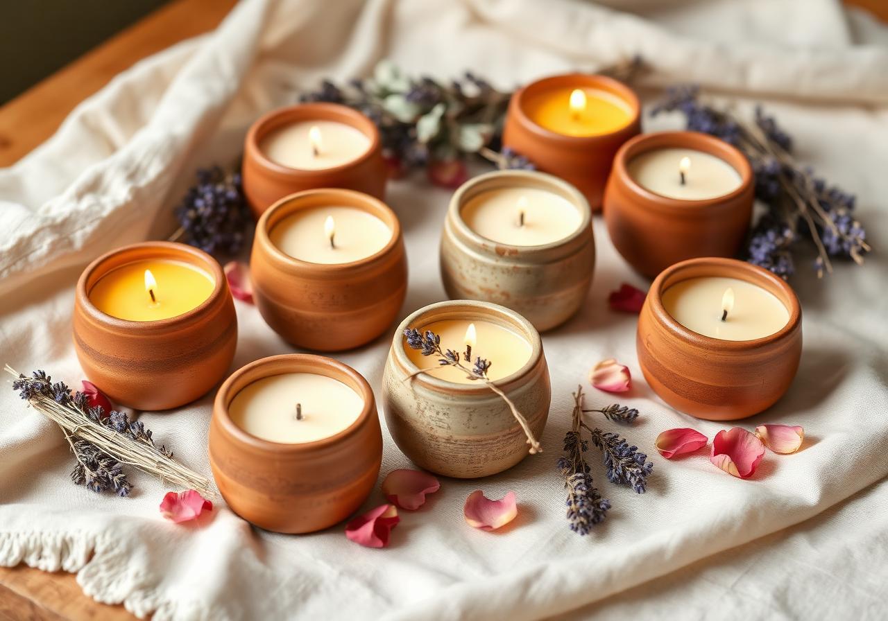 Velas artesanais em potes de barro com lavanda e pétalas secas