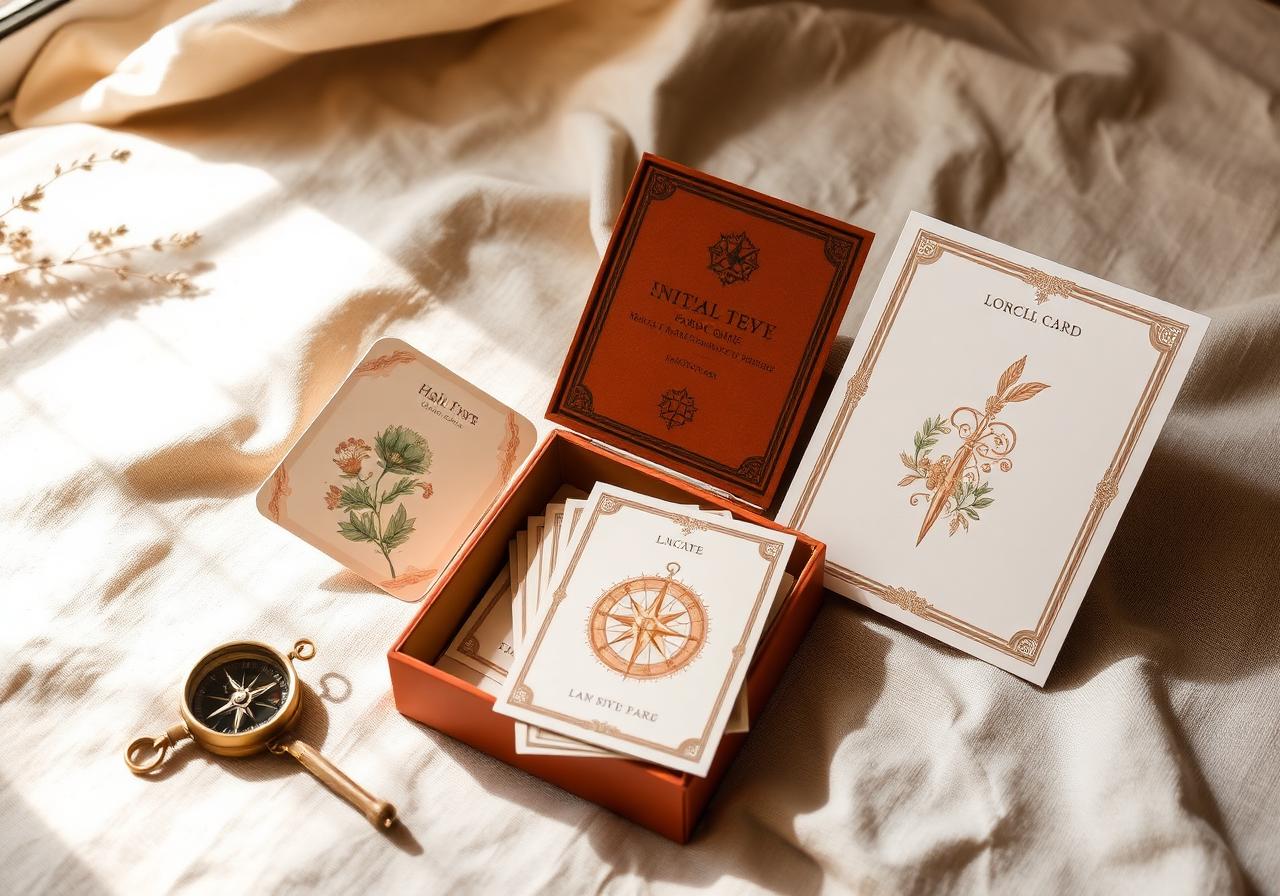 Caixa de cartas do oráculo Bússola da Presença sobre tecido de linho
