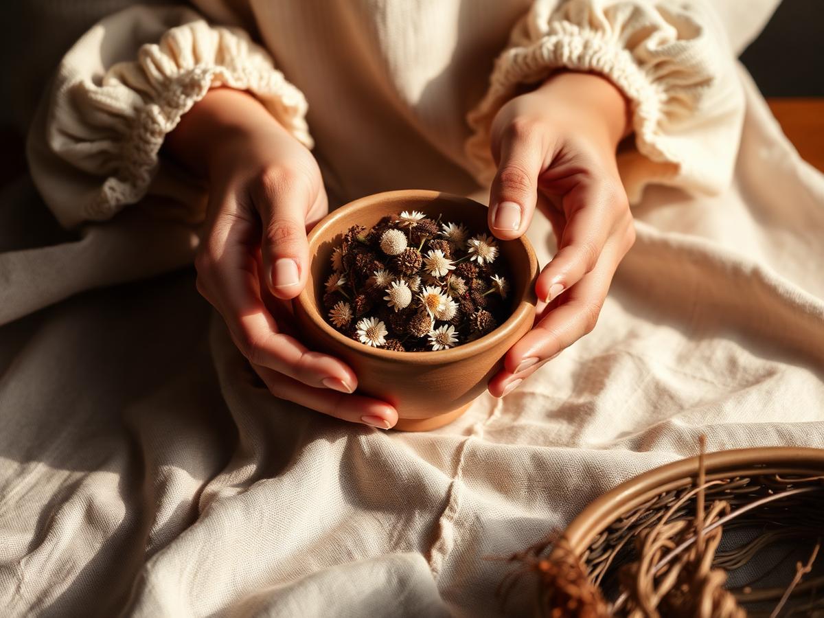 Mãos femininas segurando uma pequena tigela de barro com flores secas