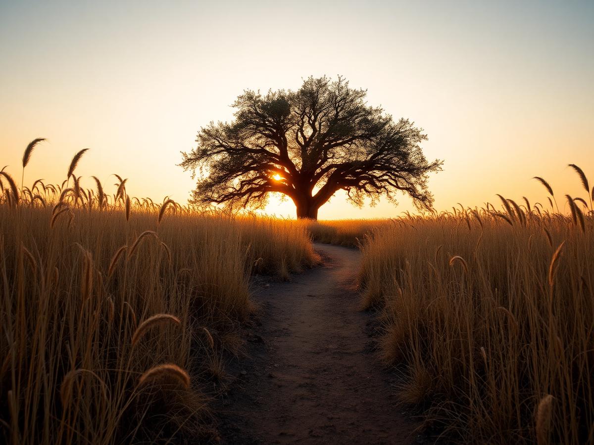 Trilha entre capim alto levando a uma árvore solitária ao pôr do sol
